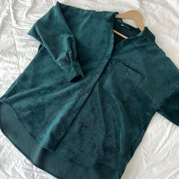 ZARA Fine-Waled Corduroy Button Up Long‎ Sleeve Shirt Emerald Green Size S - Picture 1 of 8